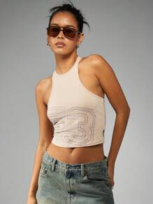 Missguided x Playboy 复古工字背心短款夏季数字图案修身舞蹈节街头服饰美学 Y2K 吊带背心 - 卡其色 - 查看 6