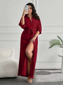 Plus Sıze Fancy Pocket And Belt Detaıl Long Dress - Burgundy - View 6