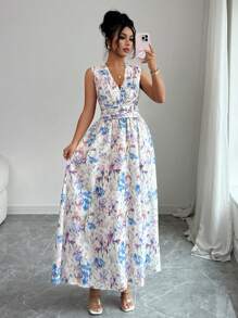 Elenzga Women's Elegant Fashionable Casual Comfy Vintage Charming Gentle Romantic Vacation Sleeveless V-Neck Backless Tie Waisted A-Line Flounced Hem Printed Dress (Random Print)