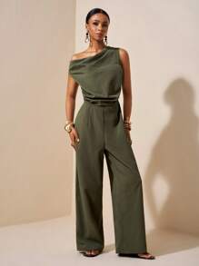 Zivah 2025 春夏新款多用途无袖连体衣 - 音乐节、复活节、圣帕特里克节、西部风、游牧风、生日派对、毕业典礼、学院风、日常穿着、休闲装、度假装、巡航装、海滩装、阳光装、时尚装、街头风格、婚礼嘉宾装、通勤装、早午餐装、机场装、绿色不对称褶皱高腰纹理亚麻连体裤