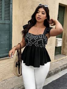 SHEIN LUNE Plus Size Vacation Casual Embroidered Waist Shirt - Black - View 3