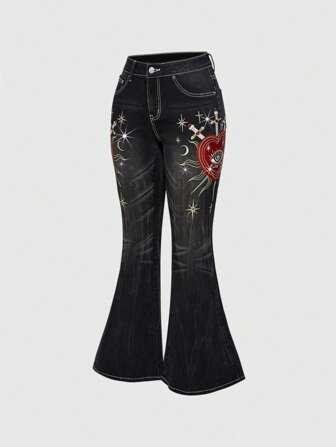 Fairycore Pantalones retro de mujer con detalles bordados de ojos en forma de corazón, letras, rhinestones y detalles de jean