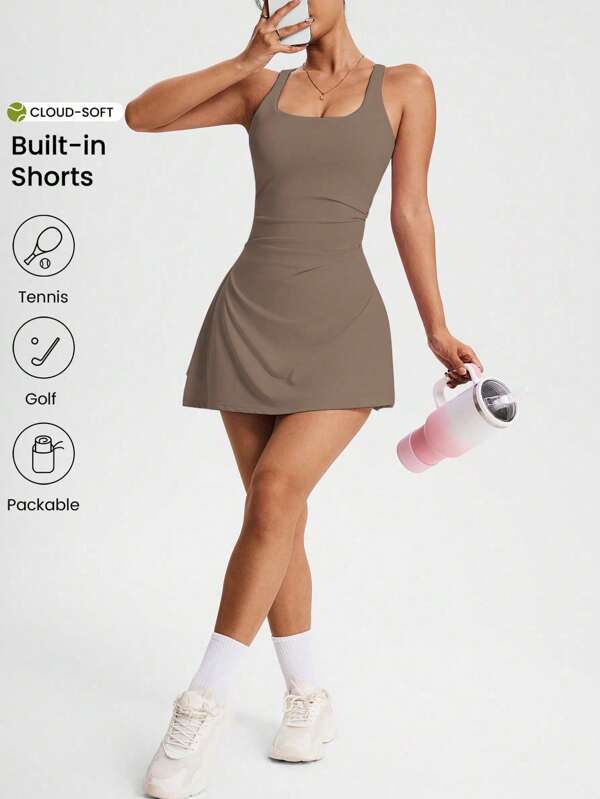 CourtClass Women's Solid Color Square Neck Pleated Sleeveless Sports Dress