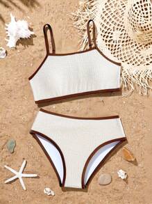 Nuevo conjunto de bikini de dos piezas con bloqueo de color y cordones para niñas preadolescentes de moda - Multicolor - Ver 1