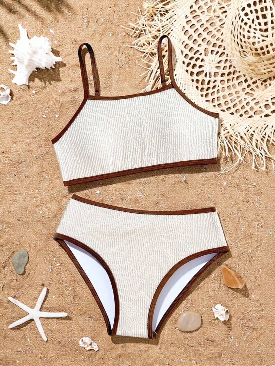 Nuevo conjunto de bikini de dos piezas con bloqueo de color y cordones para niñas preadolescentes de moda - Multicolor - Ver 1