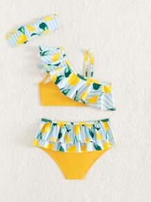 Baby Girl Fruit Print Ruffle Trim Beach Swimsuit (Print Randomly) - Yellow - View 2