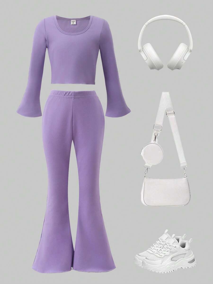 Set de 2 piezas de ropa informal y cómoda de niña con cuello redondo, manga larga, en seda de leche de unicolor - Morado - Ver 1