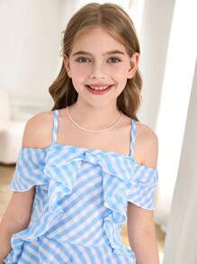 Vestido de línea A con decoración de volantes y moño para niñas preadolescentes con rayas tipo Bardot - Celeste - Ver 5