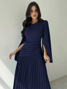 Firerie Đầm Maxi Chữ A Tay Dài Xếp Ly Cạp Cao Thanh Lịch Cho Nữ, Thời Trang Và Trang Nhã, Màu Xanh - Màu xanh hải quân - Xem 2