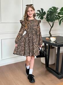 SHEIN Vestito casual con vita aderente, maniche lunghe e corte, collo tondo, stampa leopardata in velluto a coste, adatto a ragazze pre-adolescenti, per autunno/inverno, occasioni più miti, Ringraziamento, attività all'aperto, colore marrone, stile campagnolo - Cachi - Visualizzare 8