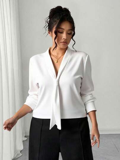 Elenzga Plus Size Women's Solid Color Tie Neck Design Long Sleeve Elegant Office Shirt, Autumn Fall Cloth For Women