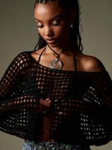 MISSGUIDED Fishnet Bell Sleeve Crop Sweater Festival Bohemian Knit Beach Cover Up Western Grunge Spring Knitwear - Black - View 7