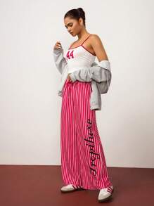 Hanevo Pantalon décontracté à jambe large avec cordon de serrage et imprimé de rayures et de lettres pour femmes Tropiluxe, nouvelle arrivée pour l'été et l'automne