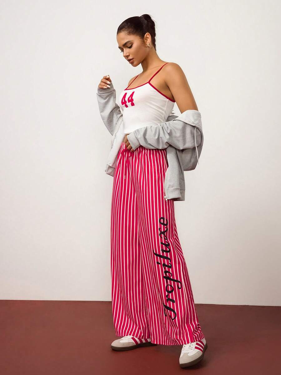Hanevo Pantalon décontracté à jambe large avec cordon de serrage et imprimé de rayures et de lettres pour femmes Tropiluxe, nouvelle arrivée pour l'été et l'automne