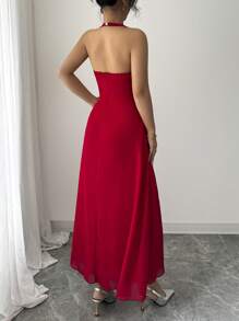 Modelyn V-Neck Halter Backless Waist Cinched Dress - Red - View 2