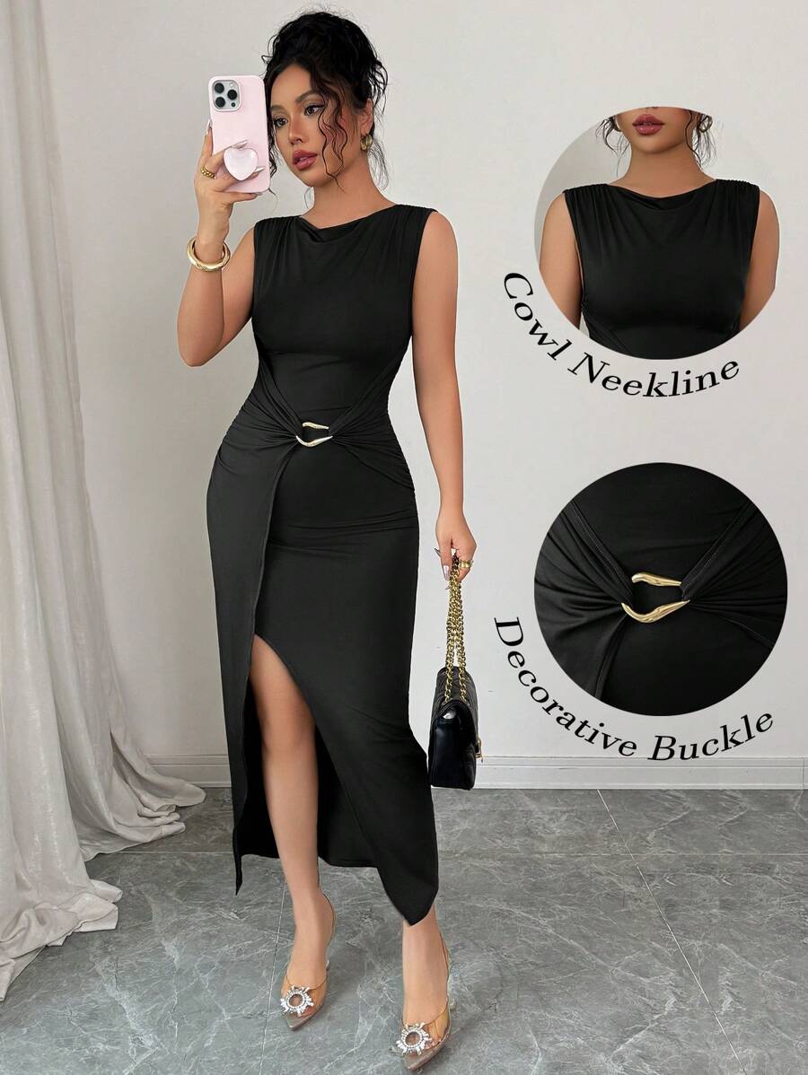 Lyxana Women Elegant Minimalist Slimming Long Dress, Summer - Black - View 1