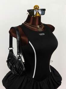 Amplova 大码女式拼色带饰荷叶边下摆迷你连衣裙 - 黑色 - 查看 6