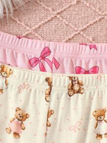 SHEIN 4 件套少女可爱小熊蝴蝶结图案荷叶边圆领长袖上衣和长裤针织舒适休闲睡衣套装 - 彩色 - 查看 4