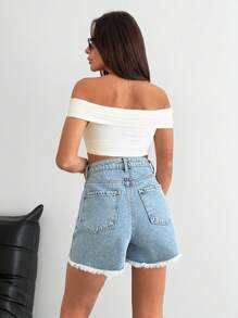 SHEIN SHORT DE MEZCLILLA DE TALLE ALTO CASUAL AZUL CON PIEDRAS