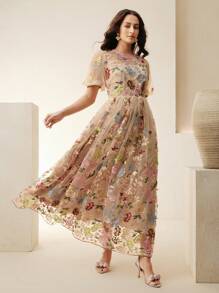 Anewsta 3D Floral Embroidered Puff Sleeve Round Neck Elegant Dress - Camel - View 6