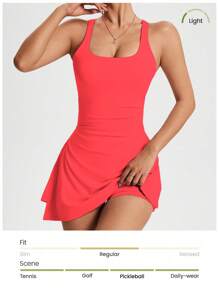 CourtClass Đầm thể thao không tay xếp nếp cổ vuông màu trơn cho nữ - Đỏ - Xem 7