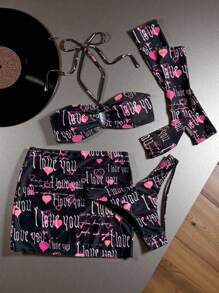 Swim EVENT 4pcs/Set Women's Festival Bikini Set, Includes: Convertible Heart & Letter Print Bandeau Top, Triangle Bottoms, Mini Skirt, And Fingerless Gloves, Suitable For Party & Swim