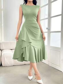 Modelyn Women's Solid Color Sleeveless Ruffle Lace Trim Bodycon Dress Long Evening Dresses - Green - View 4