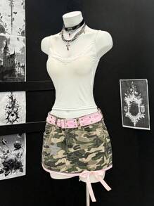 EgrlEra Minifalda de camuflaje de cintura baja con lazo de cristal, estilo sensual para chicas