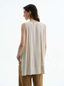 Aalyst Blusa informal de verano sin mangas con diseño de botones y pliegues, de unicolor - Caqui - Ver 2