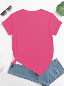 INAWLY Women's Fashionable Street Slogan Printed Short Sleeve Crew Neck T-Shirt - Hot Pink - View 2