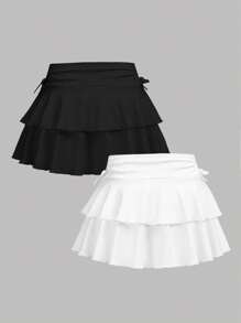 SHEIN Girlism 2件/組 青少年女孩休閒內搭褲 & 短裙，黑 & 白 - 彩色 - 查看 6