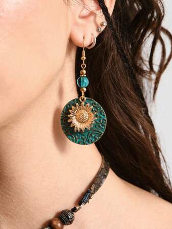 Hippie 2pcs/Set Retro Bohemian Double Layer Sunflower Pattern Earrings, Vintage Floral Drop Earrings For Women Valentines, Boho Jewelry