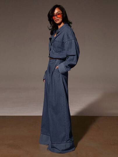 Athîral Women's Casual Washed Wide Leg Denim Jumpsuit, Fall Women Clothes