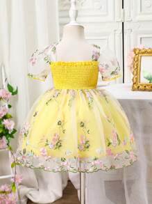 SHEIN Glamorique Kids Váy công chúa hoa lưới tay bồng màu hồng thanh lịch cho bé gái mùa xuân/hè - Màu vàng - Xem 3