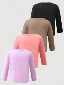 4pcs/Set Girls' Comfortable Solid Color Crew Neck Ultra-Thin Colored Knitted Long Sleeve - Multicolor - View 2