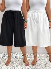 EMERY ROSE 2 件优雅通勤休闲时尚百搭舒适面料松紧腰带细节口袋设计短裤，黑白，加大码 - 黑與白 - 查看 1