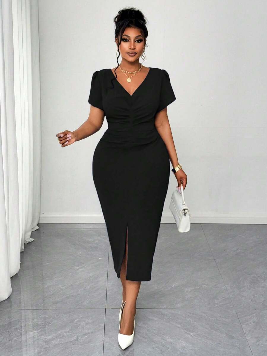 Maweii Đầm ôm body cổ chữ V tay ngắn thanh lịch thường ngày cho nữ cỡ lớn - màu đen - Xem 1