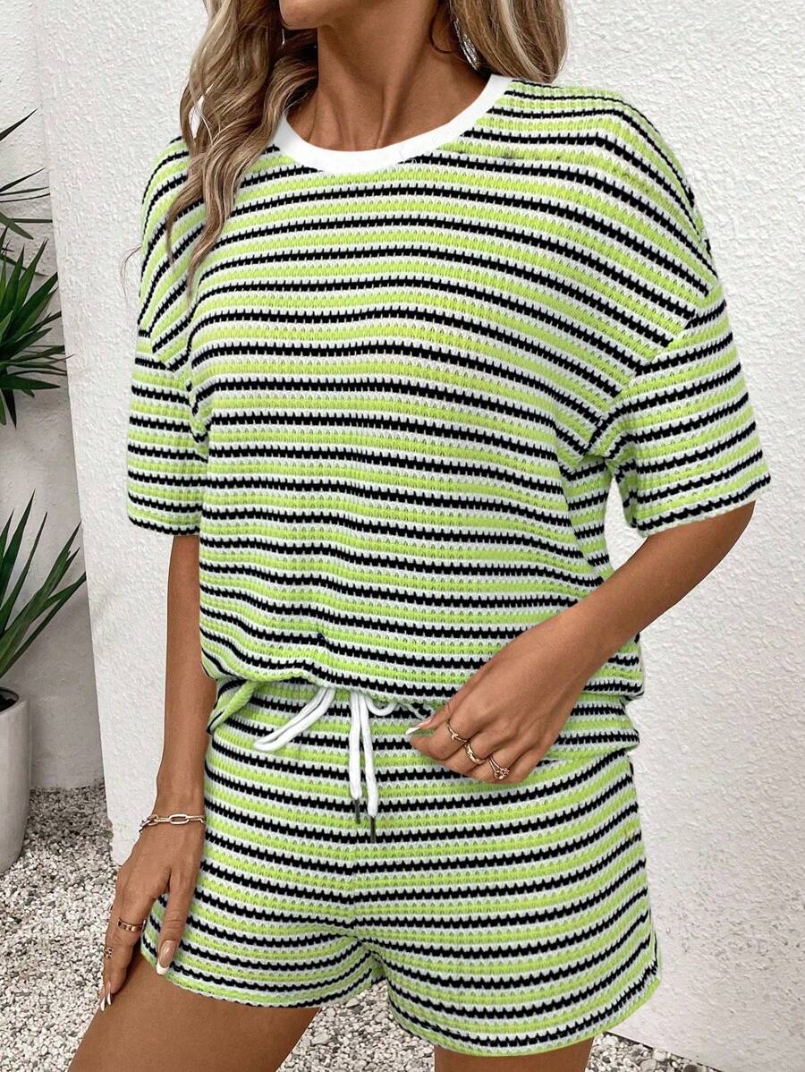 SHEIN LUNE 2pcs Women Summer Casual Stripe T-Shirt And Shorts Set Striped Two Piece Set Two Piece Lounge Set Summer Lounge Set Comfortable Two Piece Set Striped Shorts Set