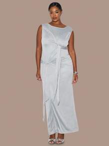 MUSERA Plus Size Asymmetric Neck Sleeveless Knit Tie Detail Maxi Dress Casual, Cute, Cool Girl, Casual, Flowy, Versatile, Minimalistic - Baby Blue - View 5