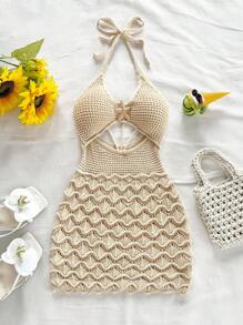 Soleia 性感细肩带 V 领镂空金属海星装饰紧身连衣裙，细肩带系带，适合度假、约会、下午茶、音乐节、波西米亚风、海滩度假、夏季 - 杏色 - 查看 3