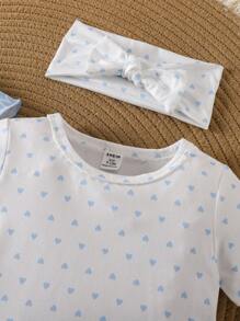 女婴两件套白色和粉色春夏针织圆领短袖动物心形图案睡衣和睡袍套装 - 淺藍色 - 查看 3