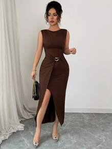 Elenzga Váy dài tối giản thanh lịch dành cho nữ, kiểu dáng tôn dáng, mùa hè - Cà phê - Xem 3