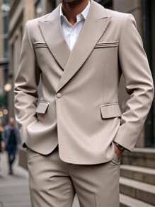 Manfinity Mode Men's Solid Color Lapel Neck Single Button Long Sleeve Suit Set Men Casual Suits Men Fashion Suits Men Dress Suits - Khaki - View 1