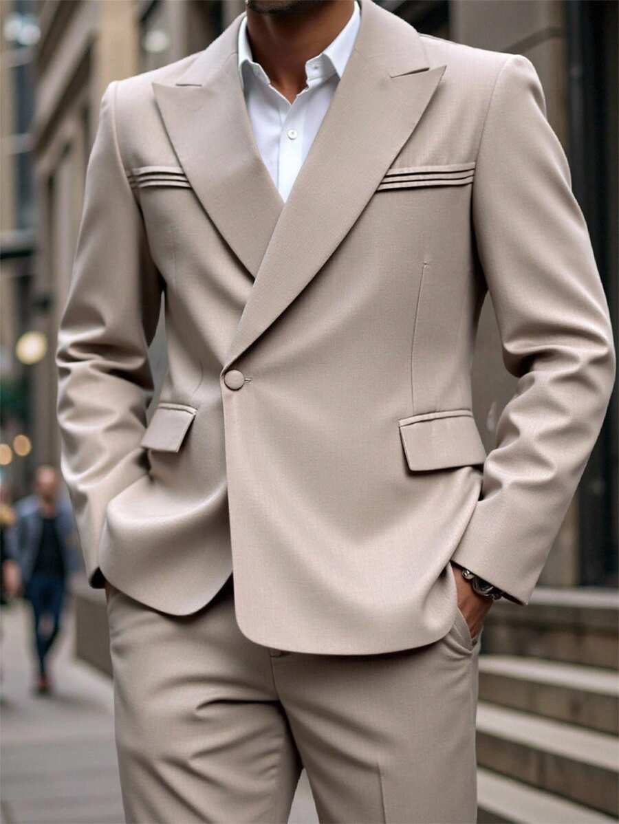 Manfinity Mode Men's Solid Color Lapel Neck Single Button Long Sleeve Suit Set Men Casual Suits Men Fashion Suits Men Dress Suits - Khaki - View 1