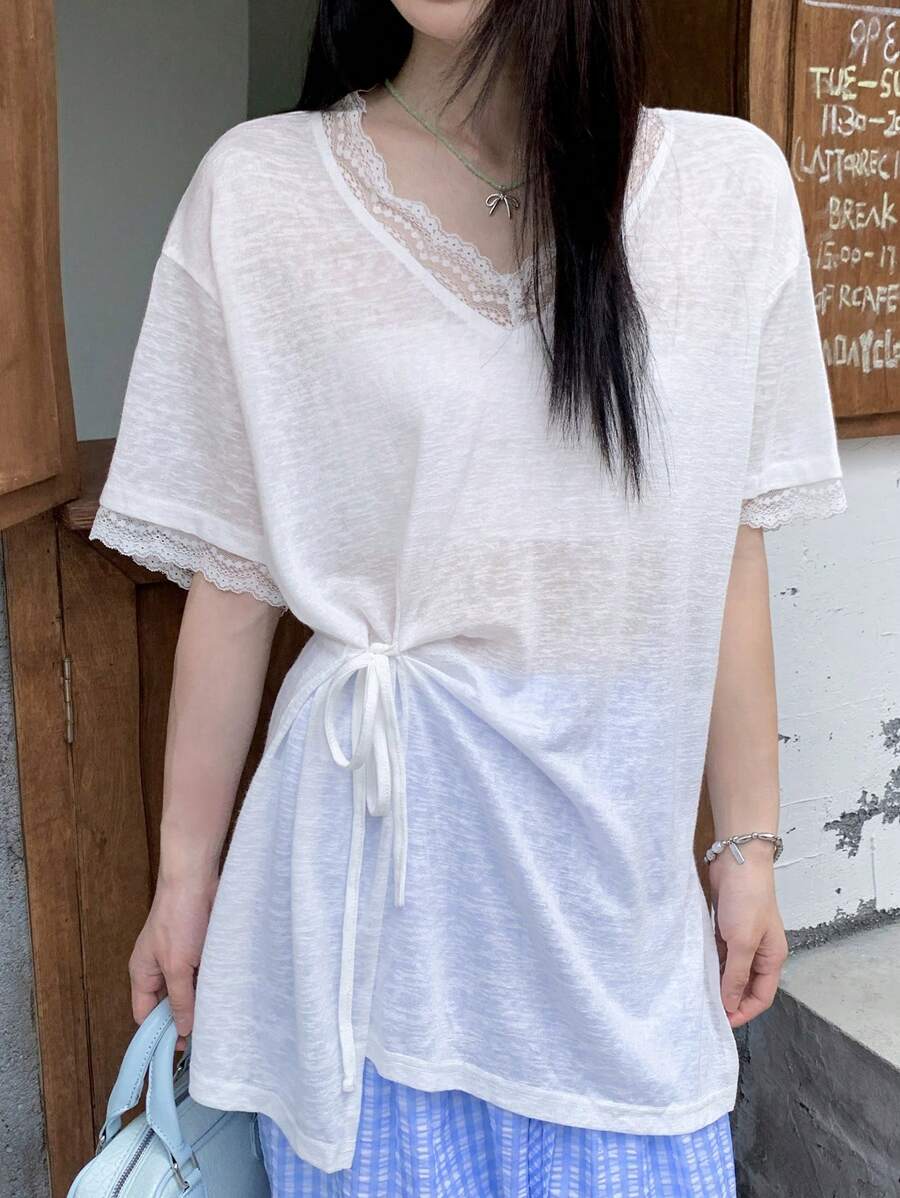 DAZY Women's Lace Patchwork Short Sleeve T-Shirt With Design Split Bottom, Casual Urban Style For Summer - White - View 1