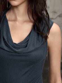 ROMWE Grunge Punk Summer Outfits For Women Vintage Ruffle Neck Hooded Pleated Side Slit Distressed Ribbed Fabric Women Dress - Black - View 2