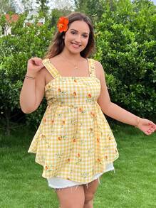 SHEIN EZwear Blusa casual de verano para mujer talla grande con estampado de limones y cuadros