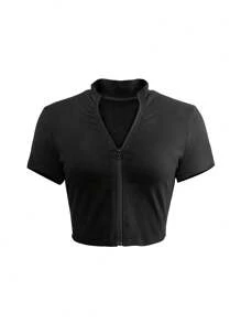SHEIN Women's Casual Solid Color Front Zipper Cropped T-Shirt - Black - View 3