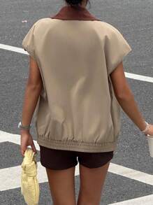 Muchica Áo khoác mỏng không tay dệt vải kaki dành cho nữ mùa thu/đông - Màu Khaki - Xem 2