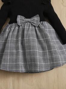 SHEIN 女婴格子印花荷叶边饰蝴蝶结前裙，配头饰带，圣诞节